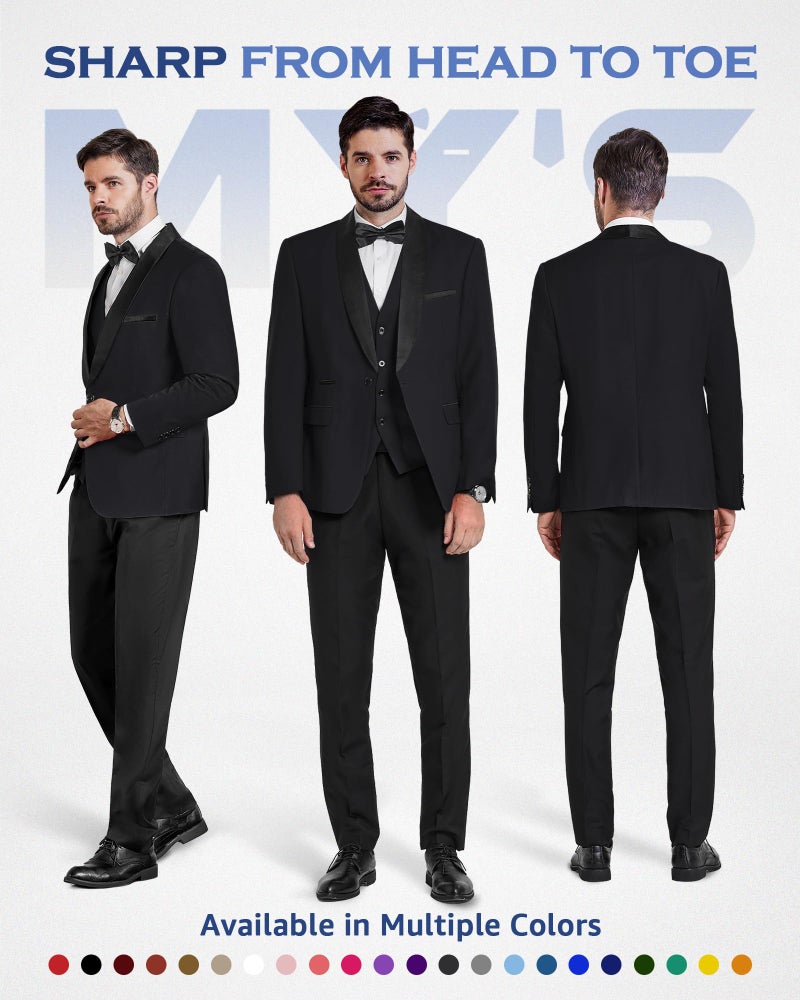 MYS MY'S Mens 3 Piece Tuxedo Set with Bow Tie, Shawl Lapel One Button Jacket Vest & Pants, Slim Fit Suit Prom Party Wedding Tux, Black - Image 2